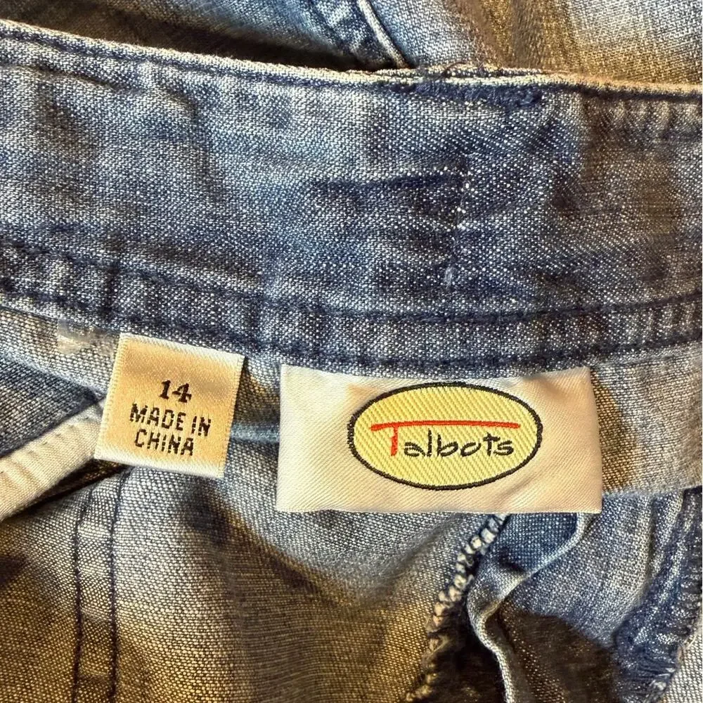Vintage TALBOTS Women's Denim Skirt 14 Blue Drawstring Casual Pockets Mini Short